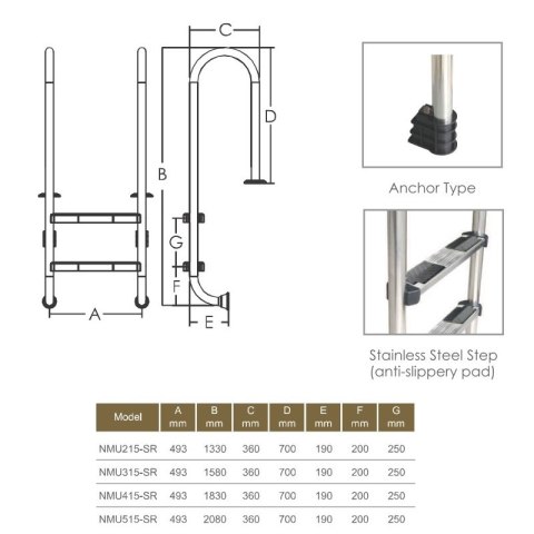 Drabinka do basenu Emaux Muro NMU515-SR (5 stopni), AISI-304 Emaux