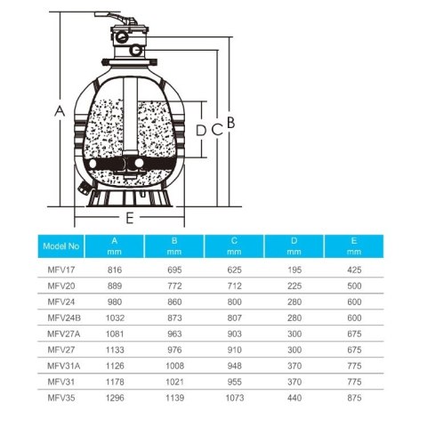 Filtr piaskowy Emaux MFV27A, średnica 675 mm, wydajność 14.4 m³/h, górny zawór 6-drogowy, kod produktu: MFV27A.