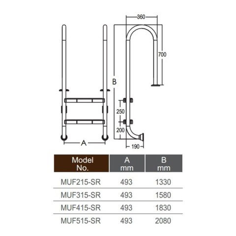 Drabinka do basenu Muro MUF515-SR 5 stopni AISI-304 Emaux