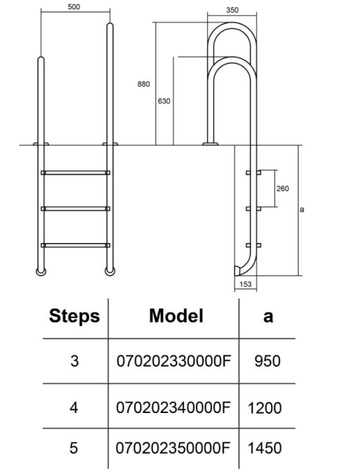 Drabinka do basenu Asymmetric Muro 3 stopnie wąski brzeg AISI-304 Hayward