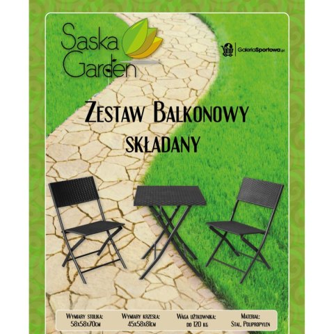 ZESTAW MEBLI BALKONOWYCH STÓŁ 58X58X70CM I 2 KRZESŁA CZARNY SASKA GARDEN