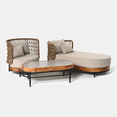 FOTEL MOON 86X82XH87ALUMINIUM CZERŃ, AKACJA , SZNUREK BRĄZ, TKANINA OLEFIN MELANŻ BEŻ MILOO