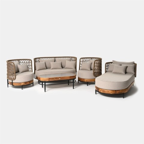 FOTEL MOON 86X82XH87ALUMINIUM CZERŃ, AKACJA , SZNUREK BRĄZ, TKANINA OLEFIN MELANŻ BEŻ MILOO