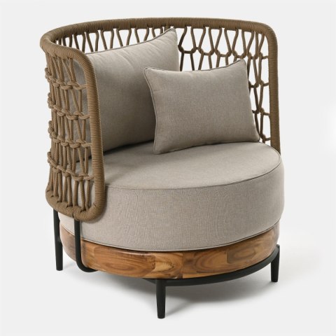 FOTEL MOON 86X82XH87ALUMINIUM CZERŃ, AKACJA , SZNUREK BRĄZ, TKANINA OLEFIN MELANŻ BEŻ MILOO