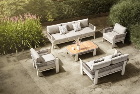 STOLIK KAWOWY BALEAR 70X125X35CM ALUMINIUM BEŻ, SZNUR BEŻ , TEAK MILOO