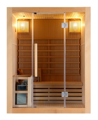 Sauna fińska RIGA 3 osobowa z piecem Harvia 4,5 kW, Hemlock, (150x120x190 cm)