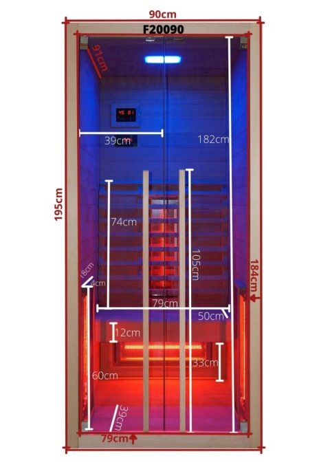 Kabina na podczerwien RUBY 1, F20090, EAN 9002827042370. 1-osobowa, drewno Hemlock, 4 radiatory pelnospektralne