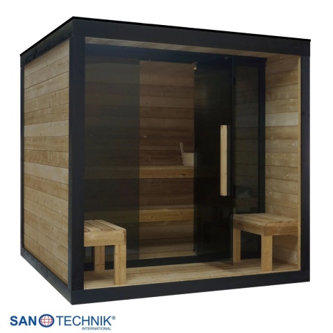 Sauna zewnętrzna NORA L Sanotechnik FA20220 termo świerk z piecem 8kW, szklany front, dla 4-5 osób, EAN 9002827086831
