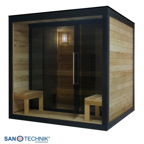 Sauna zewnętrzna NORA L Sanotechnik FA20220 termo świerk z piecem 8kW, szklany front, dla 4-5 osób, EAN 9002827086831