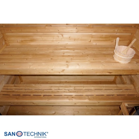 Sauna zewnętrzna NORA L Sanotechnik FA20220 termo świerk z piecem 8kW, szklany front, dla 4-5 osób, EAN 9002827086831