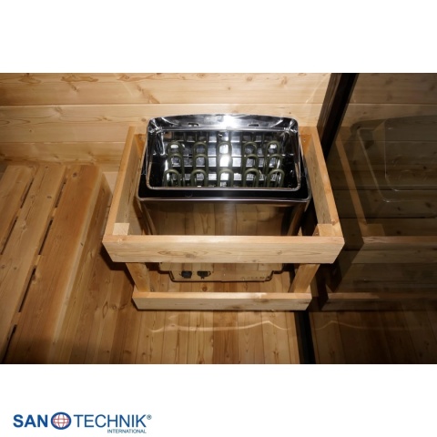 Sauna zewnętrzna NORA L Sanotechnik FA20220 termo świerk z piecem 8kW, szklany front, dla 4-5 osób, EAN 9002827086831